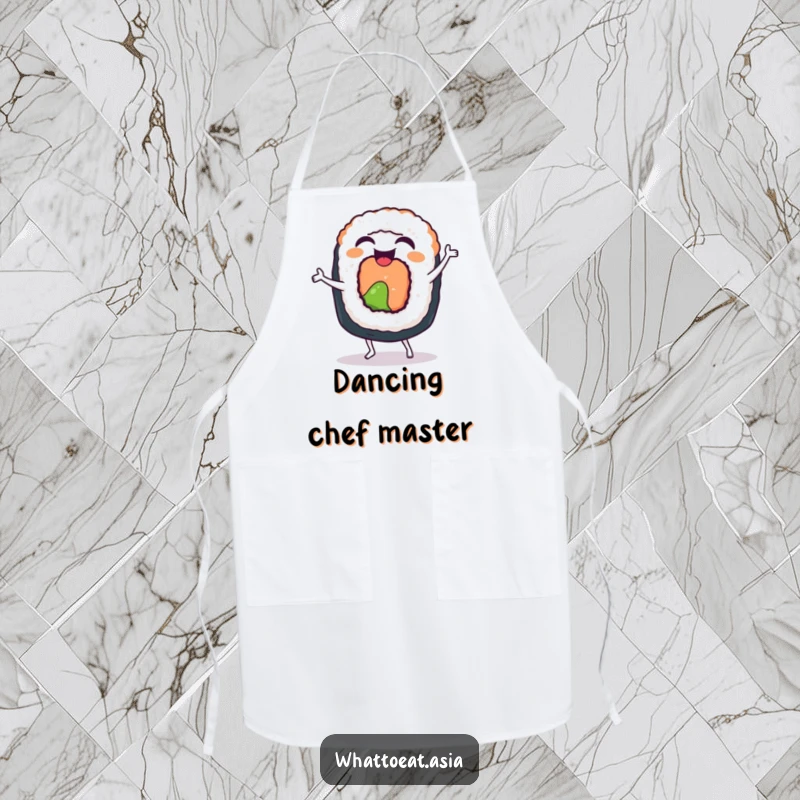 Funny Sushi Roll Apron: A laughing sushi roll doing a funny little dance with happy wiggles, bringing kitchen fun.