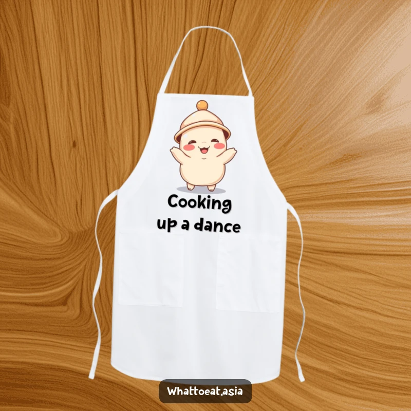 Funny apron depicting a giggling dumpling wearing a tiny hat, joyfully dancing, ready to add cheerful fun to any kitchen task.