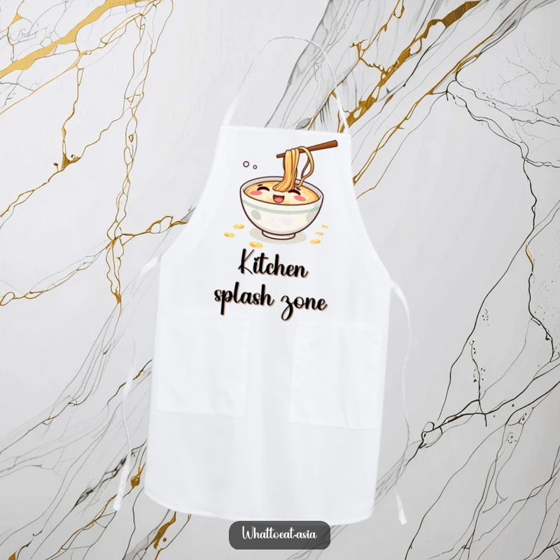 Funny Ramen Apron: A mischievous ramen bowl giggling while splashing tiny broth droplets, bringing kitchen fun.