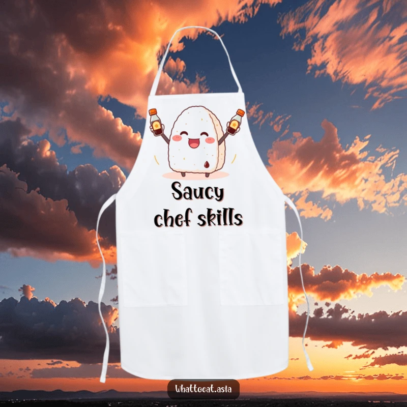 Funny Onigiri Apron: A cheerful onigiri enthusiastically juggling three small soy sauce bottles, adding humor to cooking.