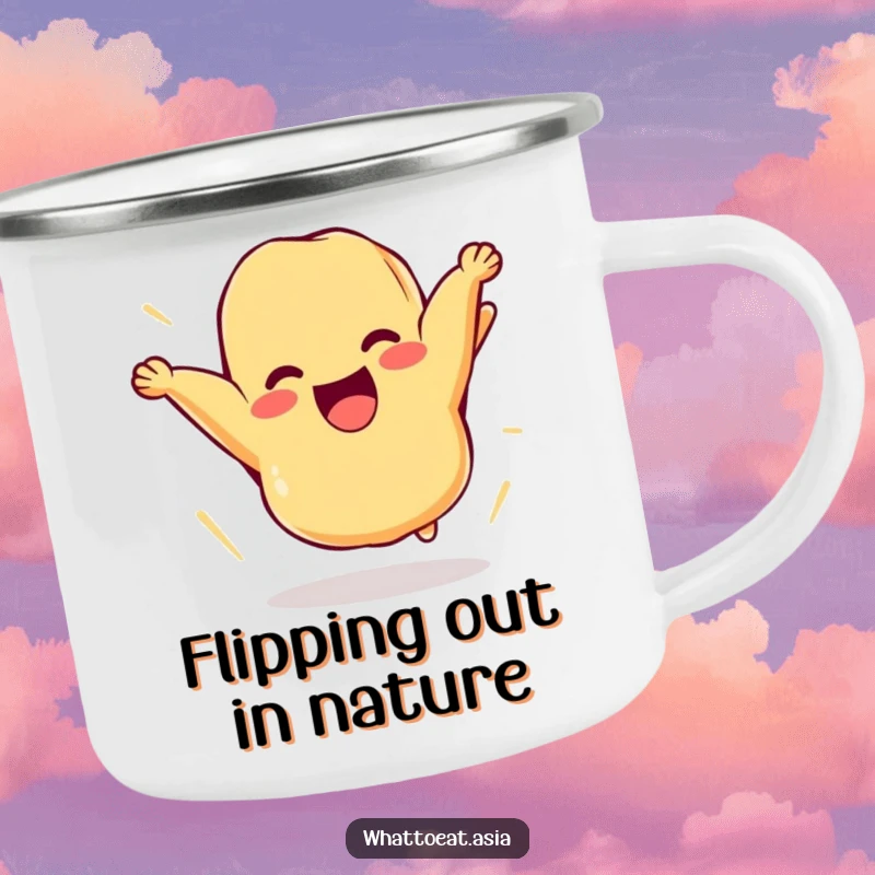 Funny camping mug featuring a cheerful piece of tempura comically flipping itself in the air, perfect for enjoying drinks with a humorous twist.