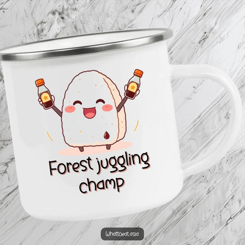 Funny Onigiri Camping Mug: A cheerful onigiri juggling soy sauce bottles, ready for outdoor culinary fun.
