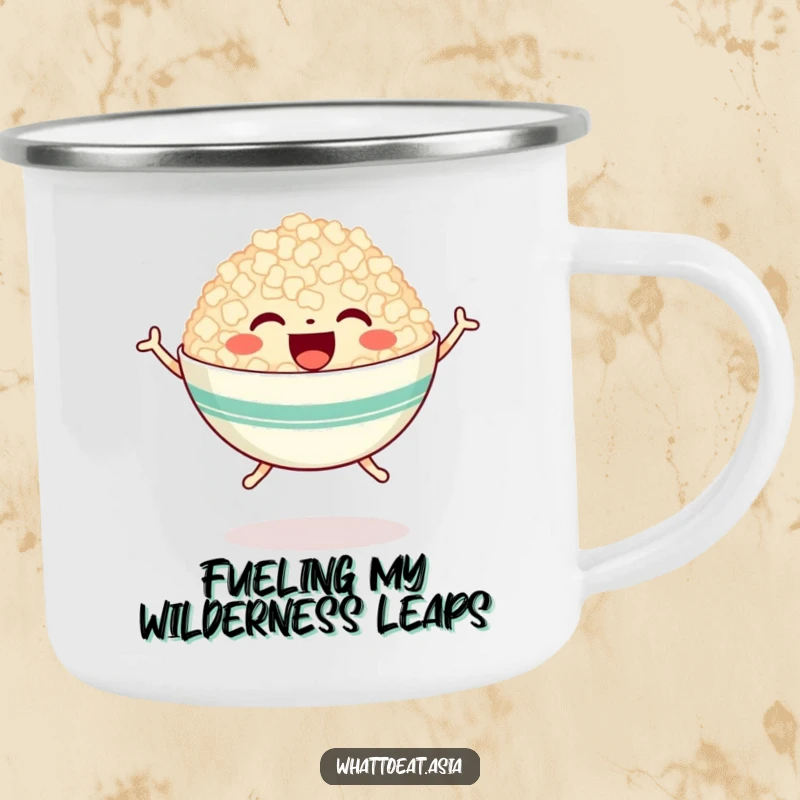 Funny camping mug featuring a happy bowl of rice with tiny legs, joyfully jumping, perfect for enjoying drinks in the great outdoors.