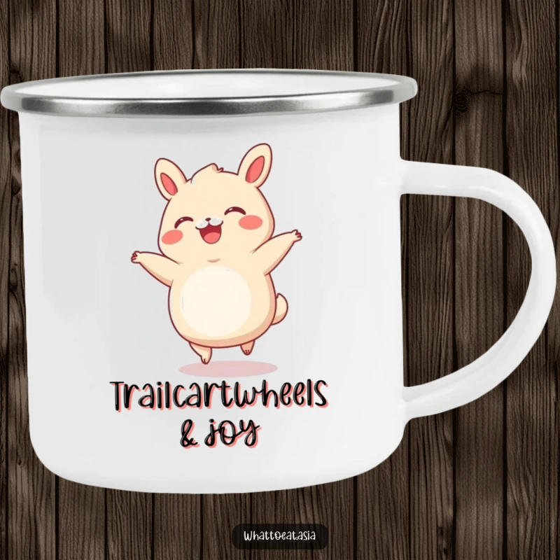 Funny Bao Bun Camping Mug: A smiling bao bun with tiny legs cartwheeling, ready for outdoor fun and laughter.