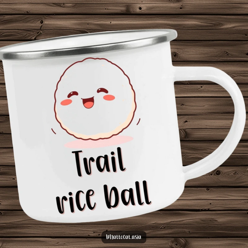 Funny Onigiri Camping Mug featuring a wiggling onigiri ball rolling with glee, perfect for enjoying drinks during outdoor activities.
