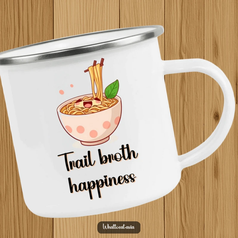 Funny Ramen Camping Mug featuring a jubilant ramen bowl with chopsticks stirring, ideal for enjoying drinks around the campfire.