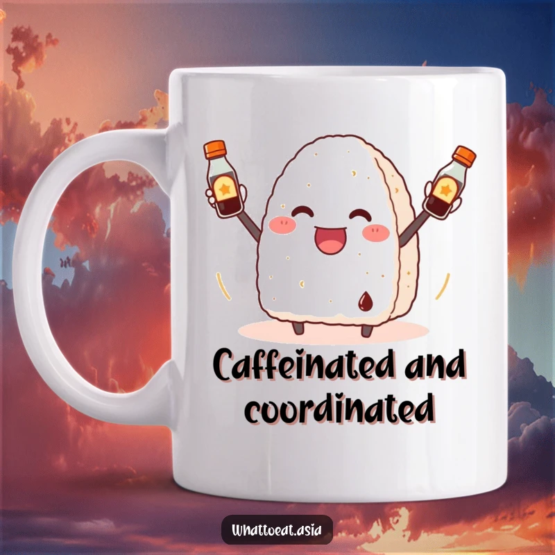 Funny Onigiri Mug: A cheerful onigiri enthusiastically juggling three small soy sauce bottles with impressive culinary skill.