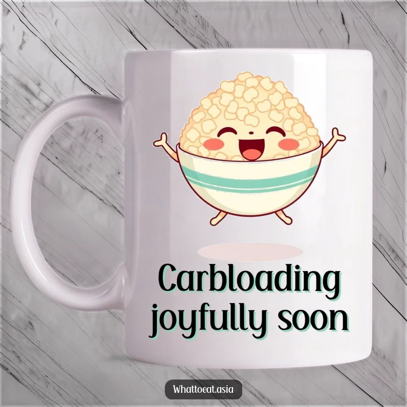 Funny mug with a happy rice bowl character joyfully jumping with tiny legs, spreading cheer and edible delight for breakfast lovers.