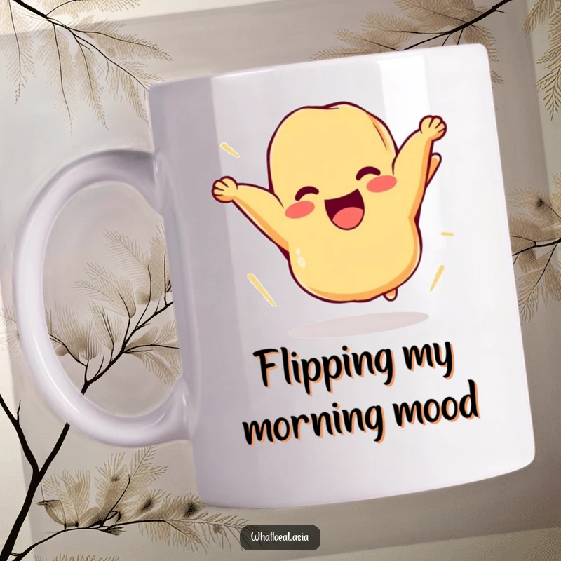 Funny mug featuring a cheerful piece of tempura comically flipping itself in the air, bringing energetic and delicious humor to your drink.
