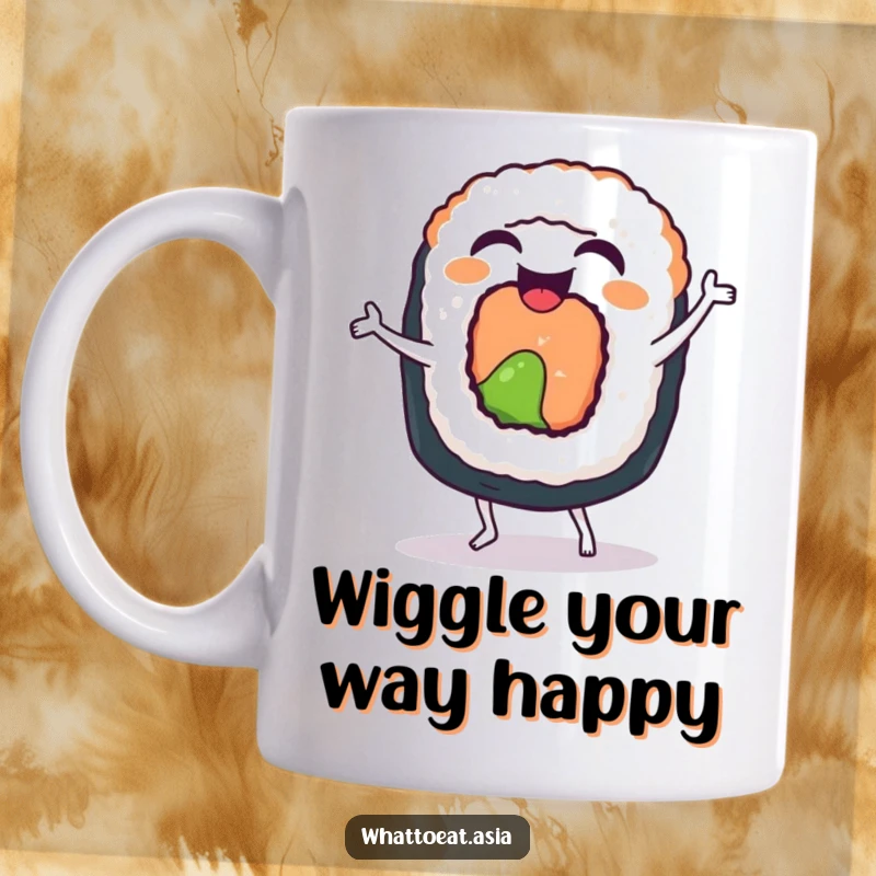Funny Sushi Roll Mug: A laughing sushi roll doing a funny little dance with happy, energetic wiggles.
