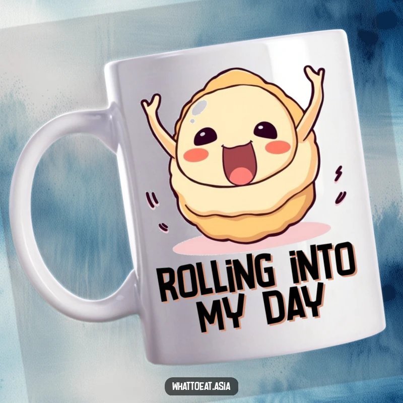 Funny Takoyaki Mug: A delighted takoyaki ball rolling downhill with immense joy and a carefree attitude.