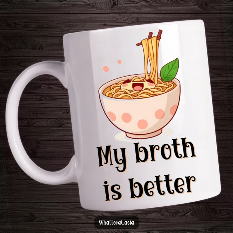Funny Ramen Bowl Mug with chopsticks enthusiastically stirring noodles, capturing a moment of pure culinary joy and deliciousness.