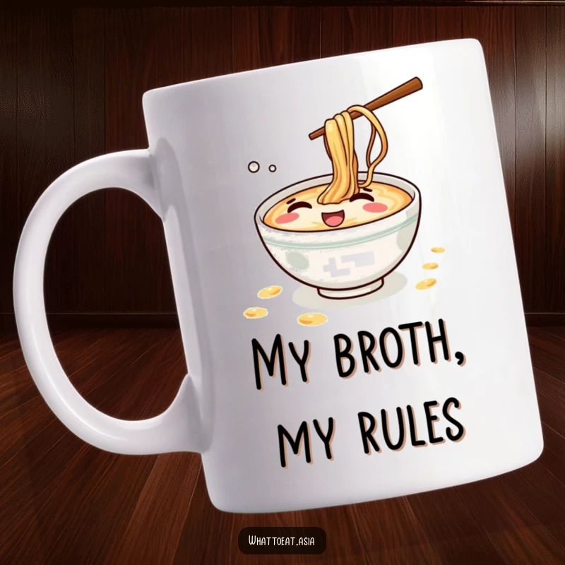 Funny Ramen Mug: A mischievous ramen bowl giggling while playfully splashing tiny broth droplets.