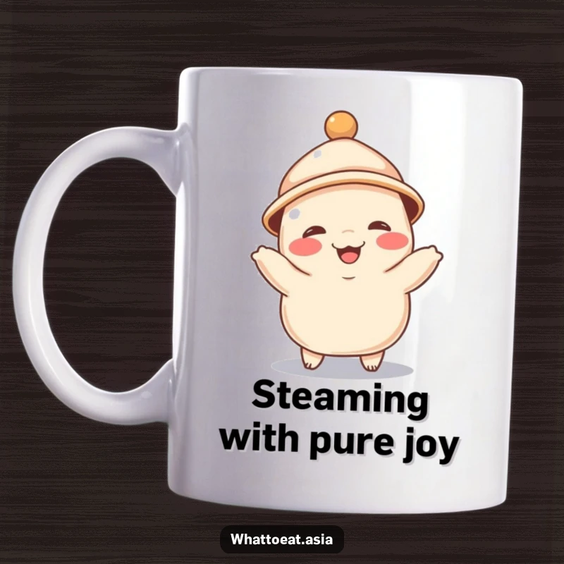 Funny mug featuring a giggling dumpling wearing a tiny hat, happily doing a little dance, bringing cheerful and playful food humor to your drink.
