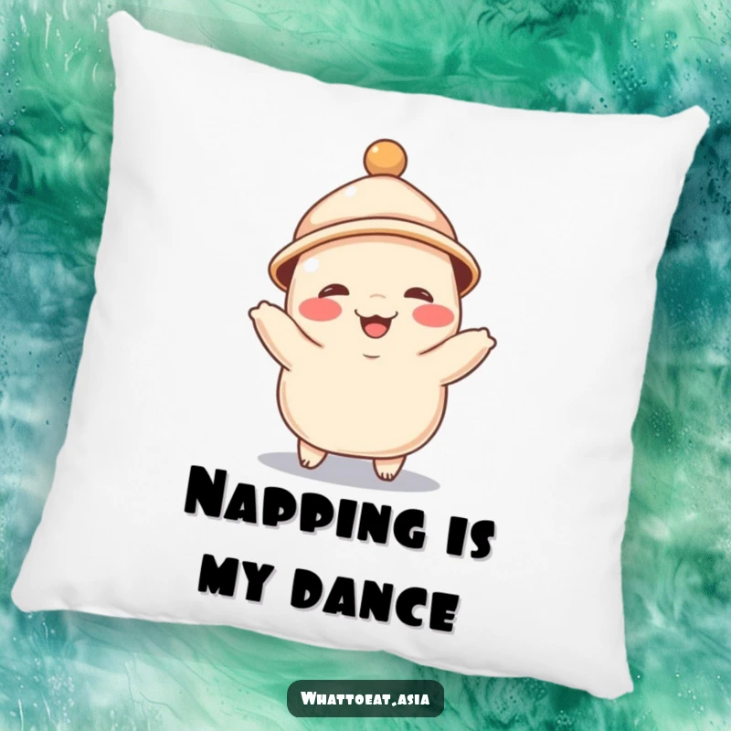 Funny pillow designed as a giggling dumpling wearing a tiny hat, joyfully dancing, offering soft comfort and playful food-themed amusement.