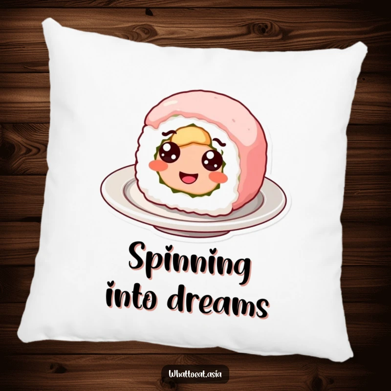 Funny pillow designed as a smiling sushi roll with googly eyes, happily spinning, offering soft comfort and a playful food-themed presence.