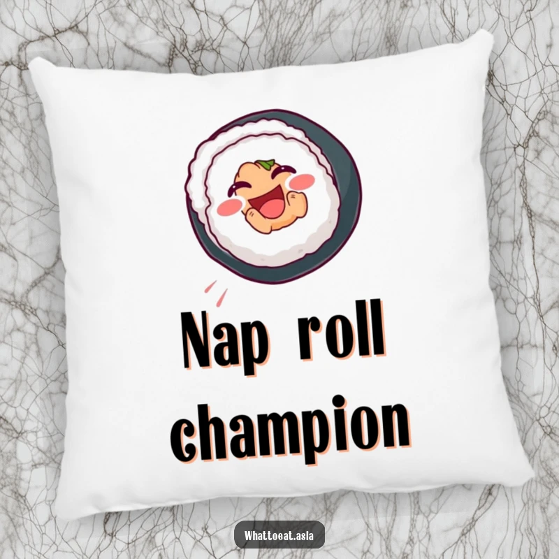 Funny Sushi Pillow showcasing a smiling sushi roll doing a joyful somersault, providing plush comfort and cute, humorous decor.
