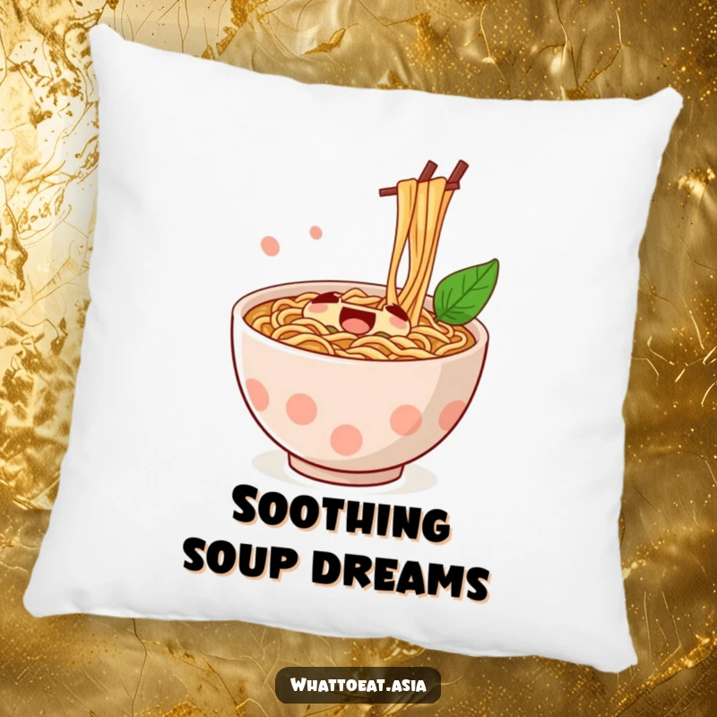 Funny Ramen Pillow designed with a jubilant bowl of ramen and chopsticks stirring happily, adding cozy humor to any room.
