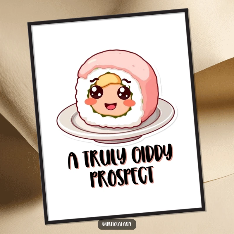 Funny digital art of a smiling sushi roll with googly eyes, happily spinning, perfect for adding playful and humorous food-themed decor.