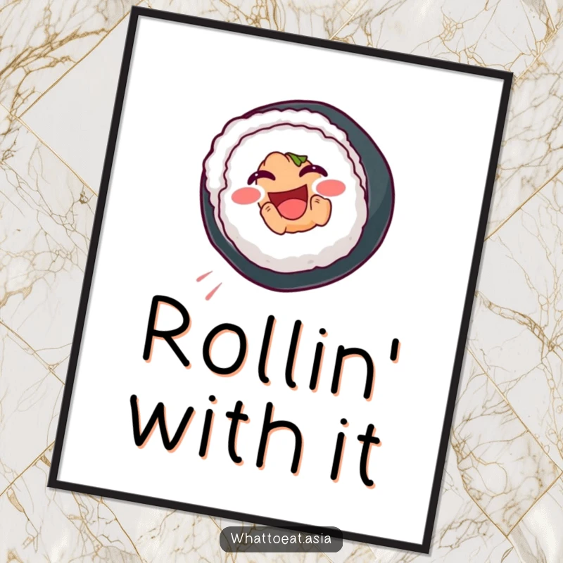 Funny Sushi Digital Art Print of a smiling sushi roll performing a joyful somersault, perfect for adding animated and cheerful decor.