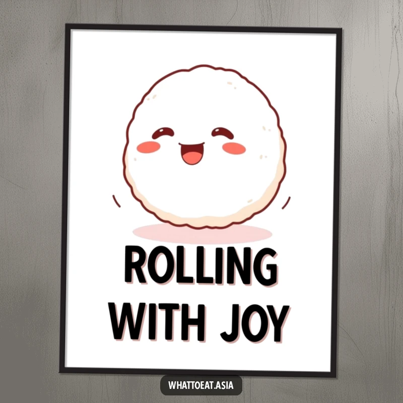 Funny Onigiri Digital Art Print of a wiggling onigiri ball rolling with glee, perfect for adding animated and cheerful decor.