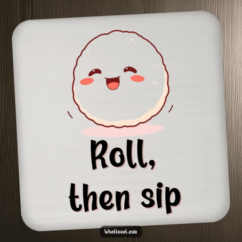 Funny Onigiri Coaster with a wiggling onigiri ball rolling with glee, offering surface protection with a whimsical and food-inspired design.
