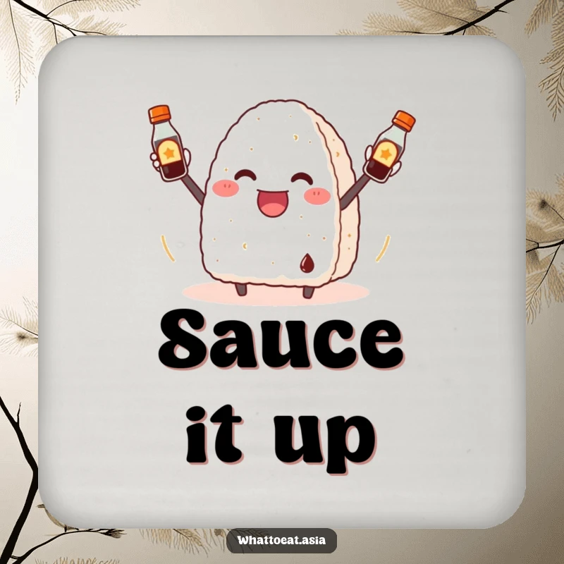Funny Onigiri Coaster: A cheerful onigiri juggling soy sauce bottles, bringing a touch of playful food art.