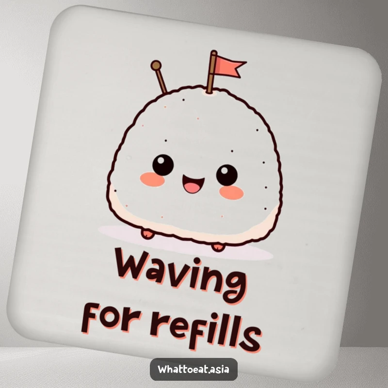 Funny drink coasters showcasing a delighted onigiri with a happy smile, waving a small flag, protecting surfaces with a touch of humor.