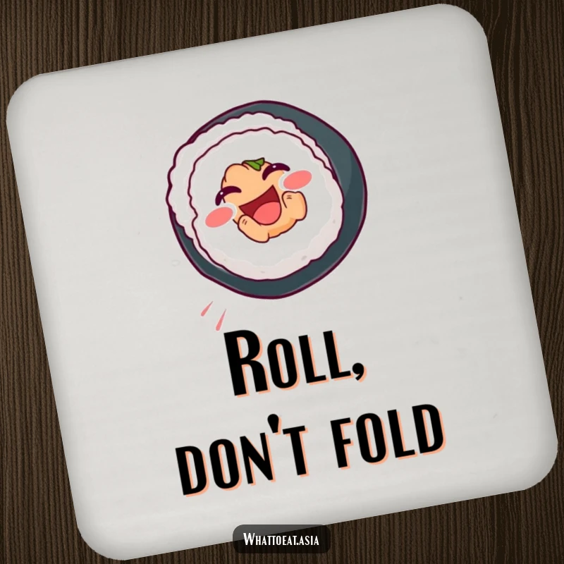 Funny Sushi Coaster with a smiling sushi roll mid-somersault, offering surface protection with a whimsical and food-inspired design.