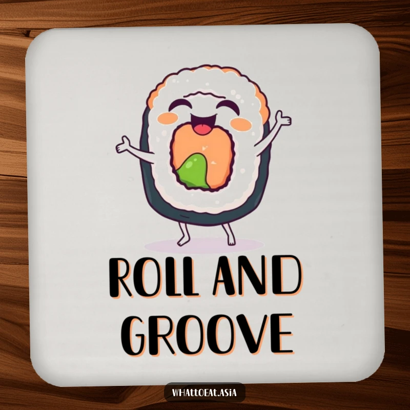 Funny Sushi Roll Coaster: A laughing sushi roll doing a funny little dance with happy wiggles, adding playful decor.