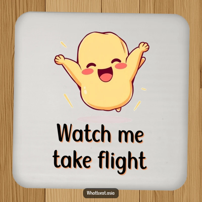 Funny coaster featuring a cheerful piece of tempura comically flipping itself in the air, adding playful food-themed protection to any surface.