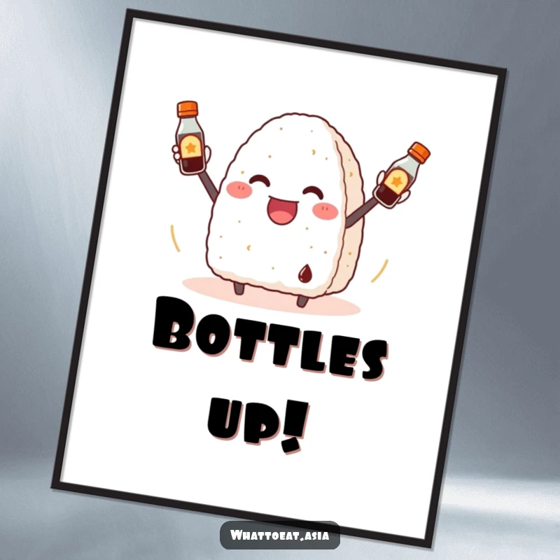 Funny Onigiri Poster: A cheerful onigiri juggling three small soy sauce bottles, creating a humorous and artistic food scene.