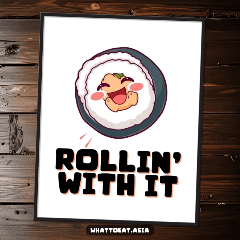 Funny Sushi Poster depicting a smiling sushi roll mid-somersault, adding a playful and artistic touch to kitchen or dining areas.