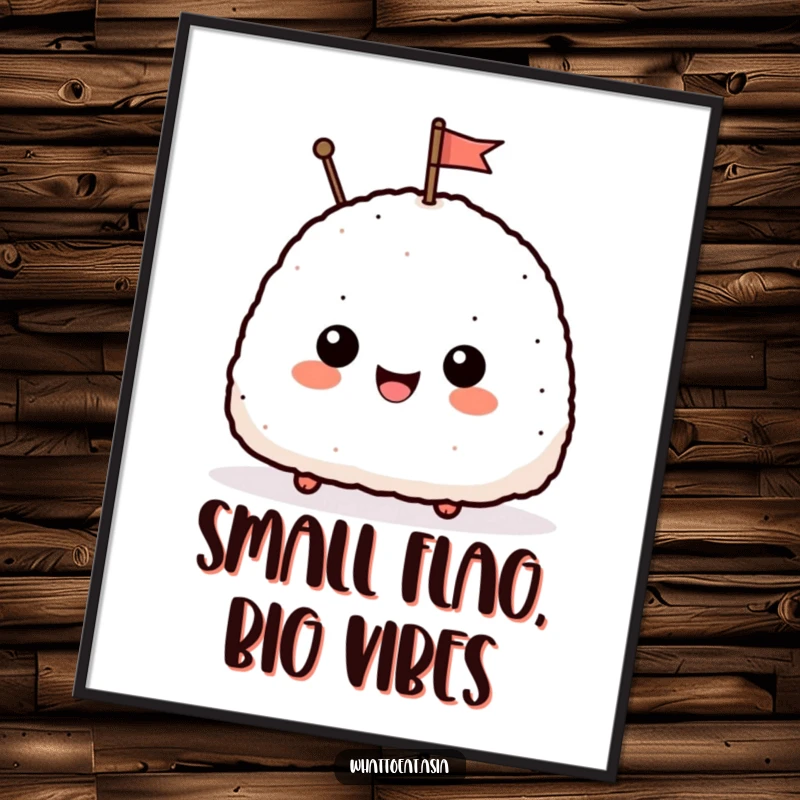 Funny poster print of a delighted onigiri with a happy expression, waving a tiny flag, adding a touch of cute food art to decor.