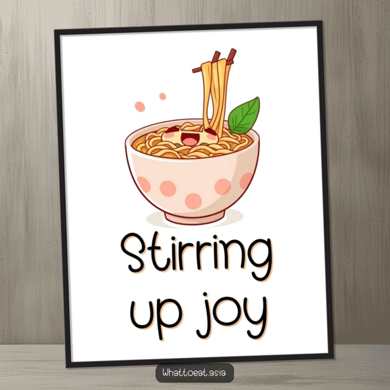 Funny Ramen Poster featuring a jubilant bowl of ramen with chopsticks actively stirring, bringing vibrant and humorous kitchen art.