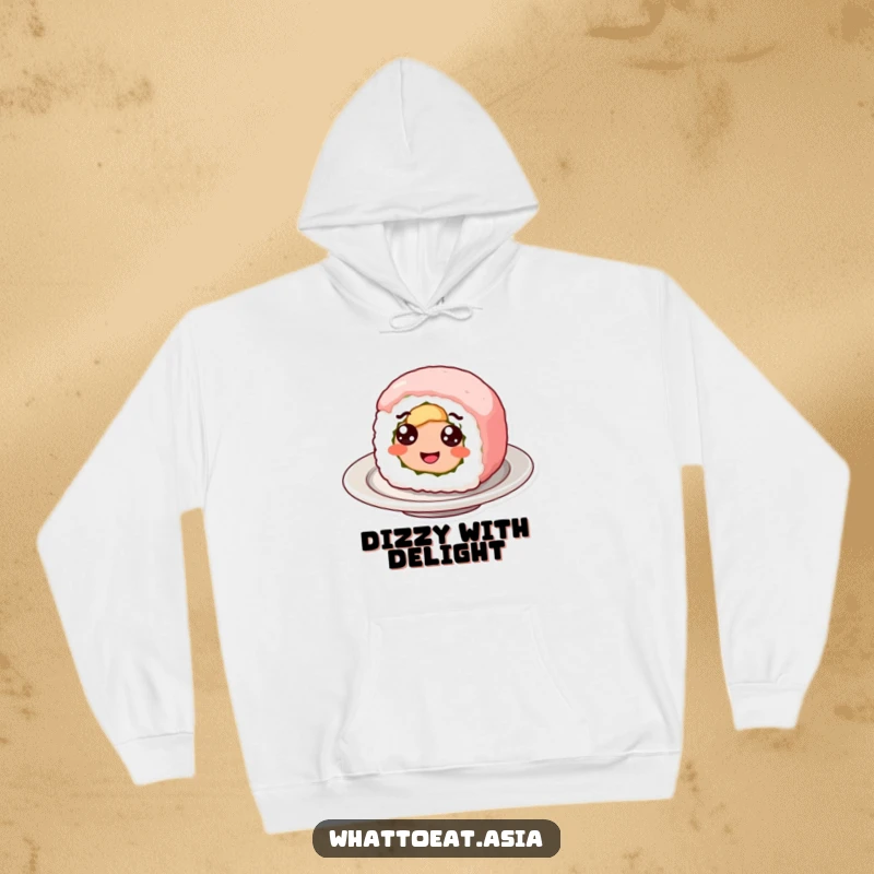 Funny hoodie featuring a smiling sushi roll with googly eyes, happily spinning, offering warmth and a dose of playful, food-themed amusement.