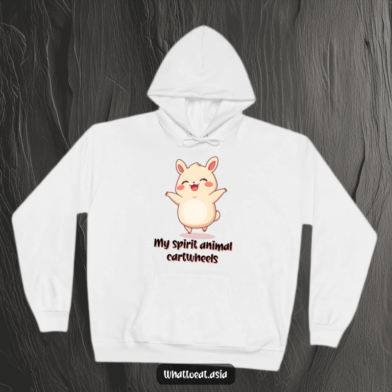 Funny Bao Bun Hoodie: A smiling bao bun with tiny legs performing a cartwheel with immense joy and a happy, delightful expression.