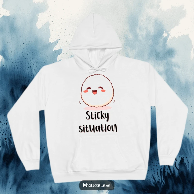 Funny Onigiri Hoodie depicting a wiggling onigiri ball rolling with glee, perfect for staying warm and amused.