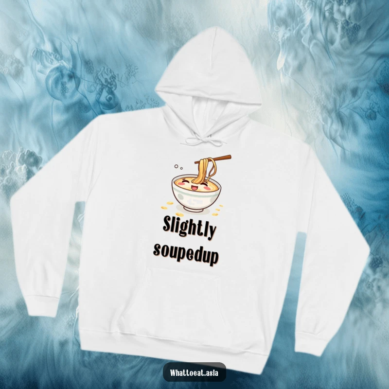 Funny Ramen Hoodie: A mischievous ramen bowl giggling while splashing tiny broth droplets, bringing playful vibes.