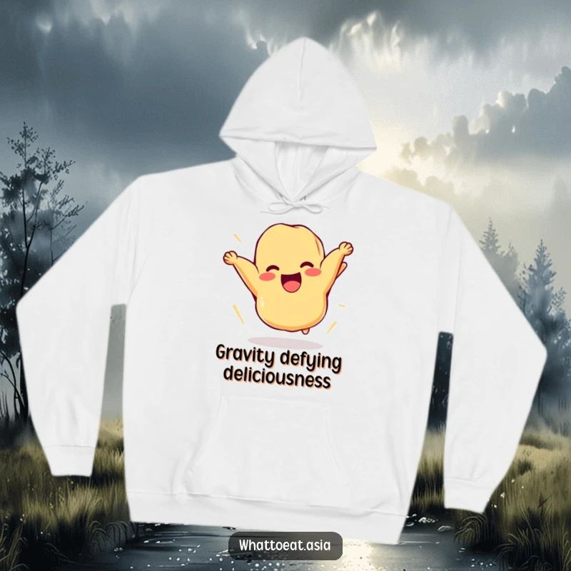 Funny hoodie featuring a cheerful piece of tempura comically flipping itself in the air, offering cozy comfort and playful food-inspired amusement.