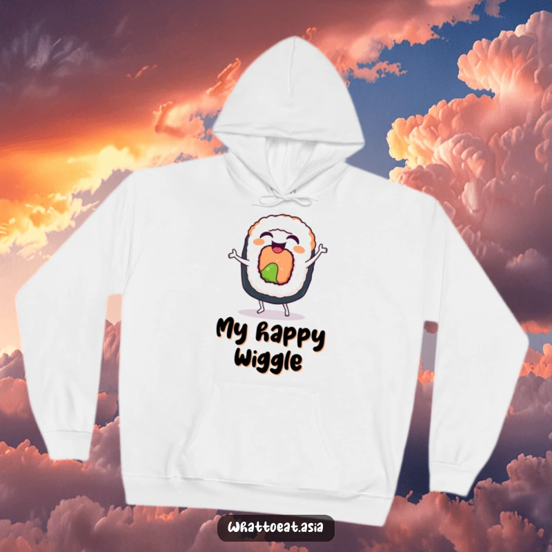 Funny Sushi Roll Hoodie: A laughing sushi roll doing a funny little dance with happy wiggles, bringing joy.