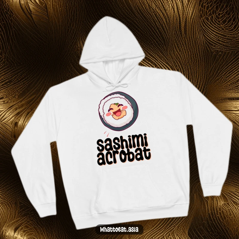 Funny Sushi Hoodie featuring a smiling sushi roll doing a joyful somersault, perfect for staying warm and amused.
