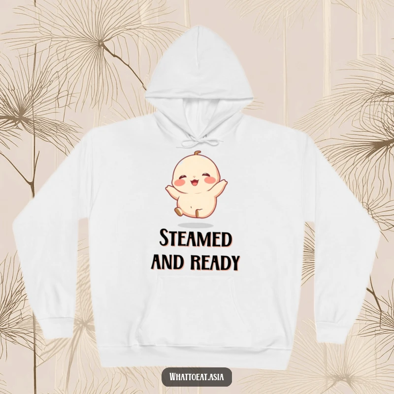 Funny Dumpling Hoodie depicting a giggling dumpling with tiny legs kicking happily, providing cozy warmth and playful charm.