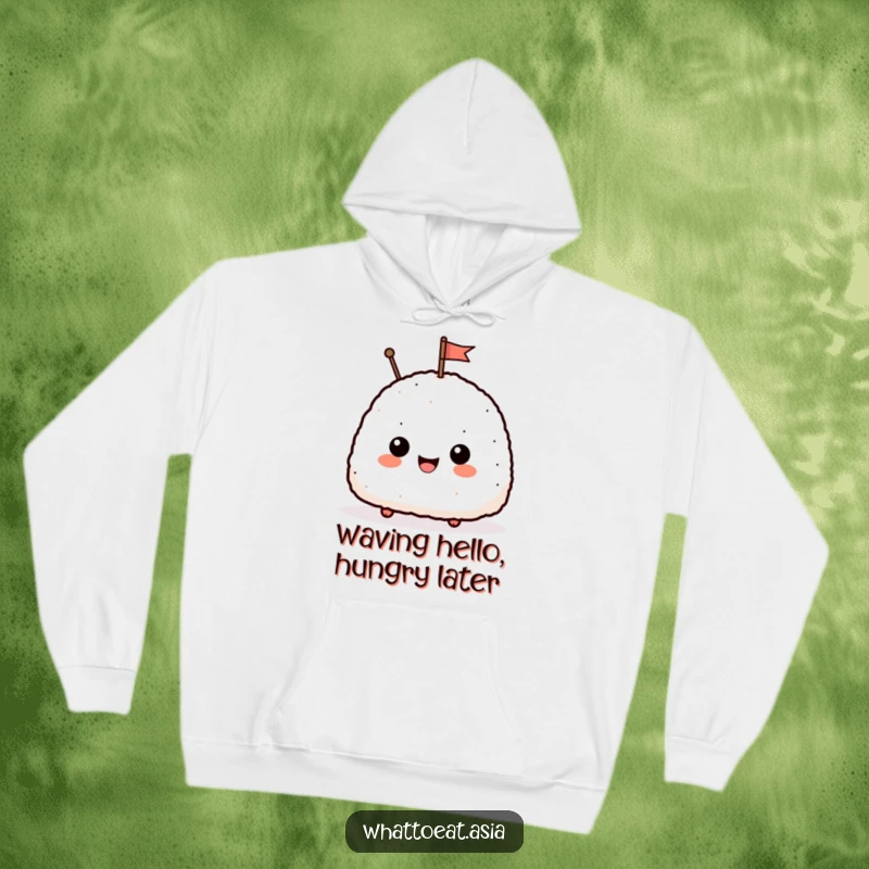 Funny hoodie featuring a delighted onigiri character with a sweet smile, raising a tiny flag in a cheerful greeting, ideal for casual wear.