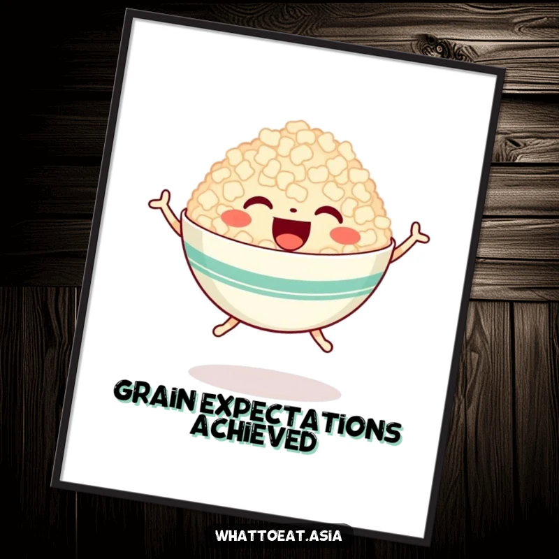 Funny free printable wall art of a happy bowl of rice with tiny legs, captured mid-jump with glee.