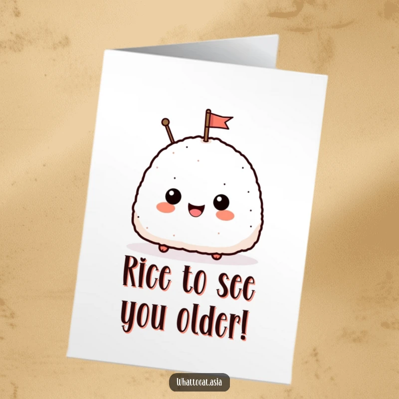 Funny Free Printable Birthday Card: A happy onigiri character waving a mini flag with a big smile, ready for your celebration.