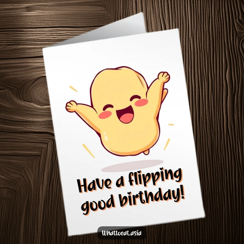 Funny free printable birthday card of a cheerful piece of tempura comically flipping itself high in the air.