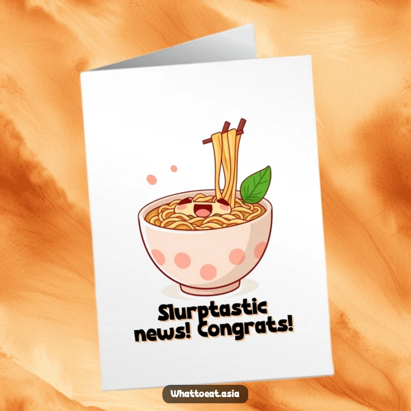 Funny free printable congratulations card: a jubilant ramen bowl with chopsticks enthusiastically stirring, celebrating a fantastic achievement.