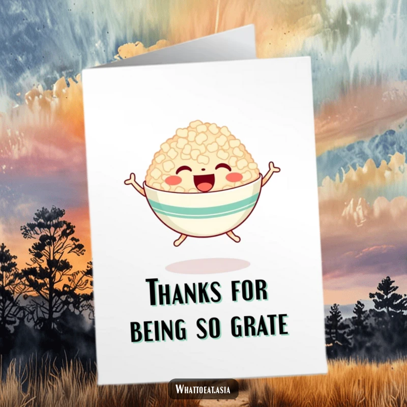 Funny free printable thank you card featuring a happy bowl of rice with tiny legs, in mid-air jump.