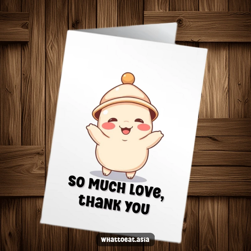 Funny free printable thank you card featuring a giggling dumpling with a tiny hat, doing a joyful little dance.